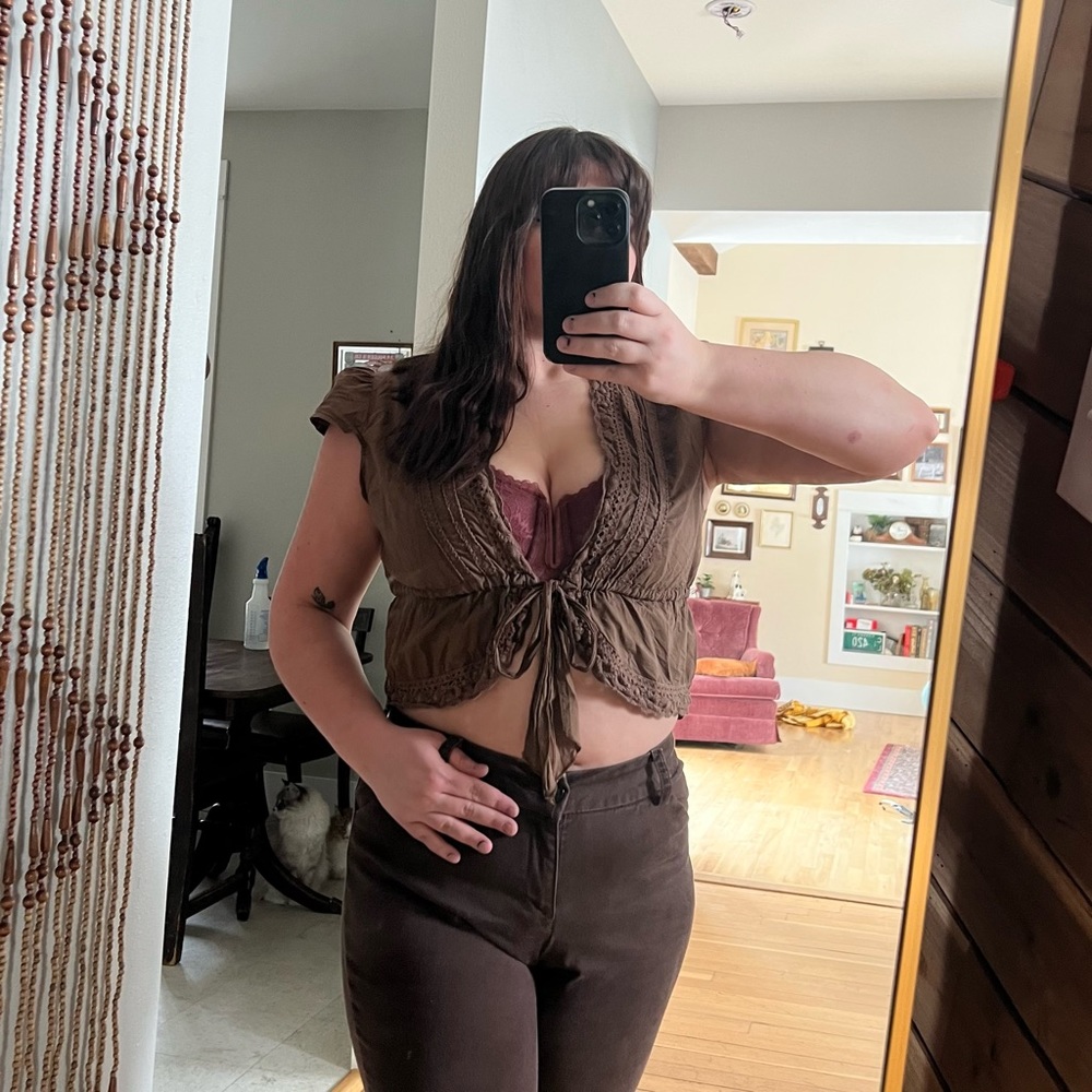 Brown Short Sleeve Tied Crop